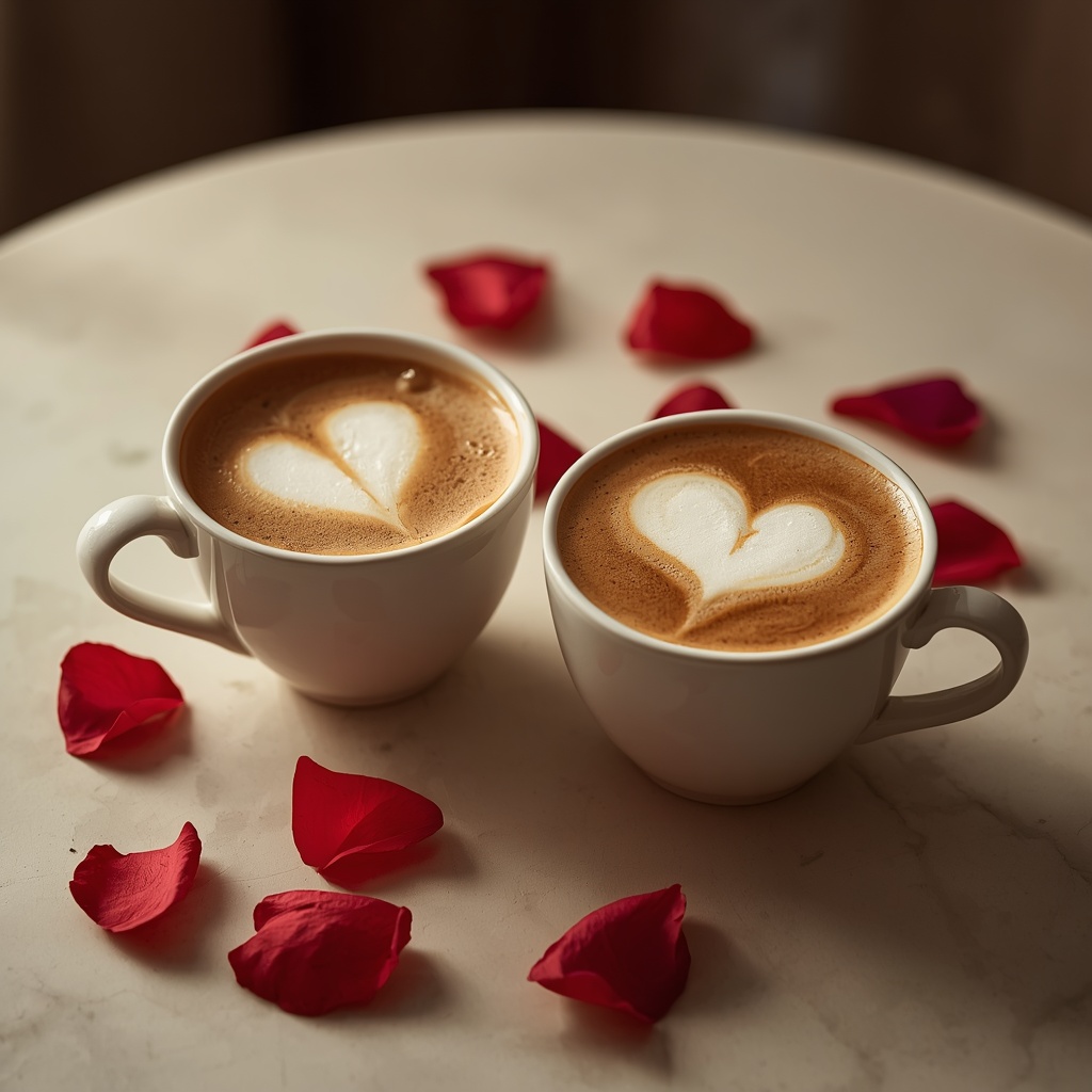 Two coffee cups on a table with a heart shape drawn in foam, soft warm lighting and rose petals scattered nearby
